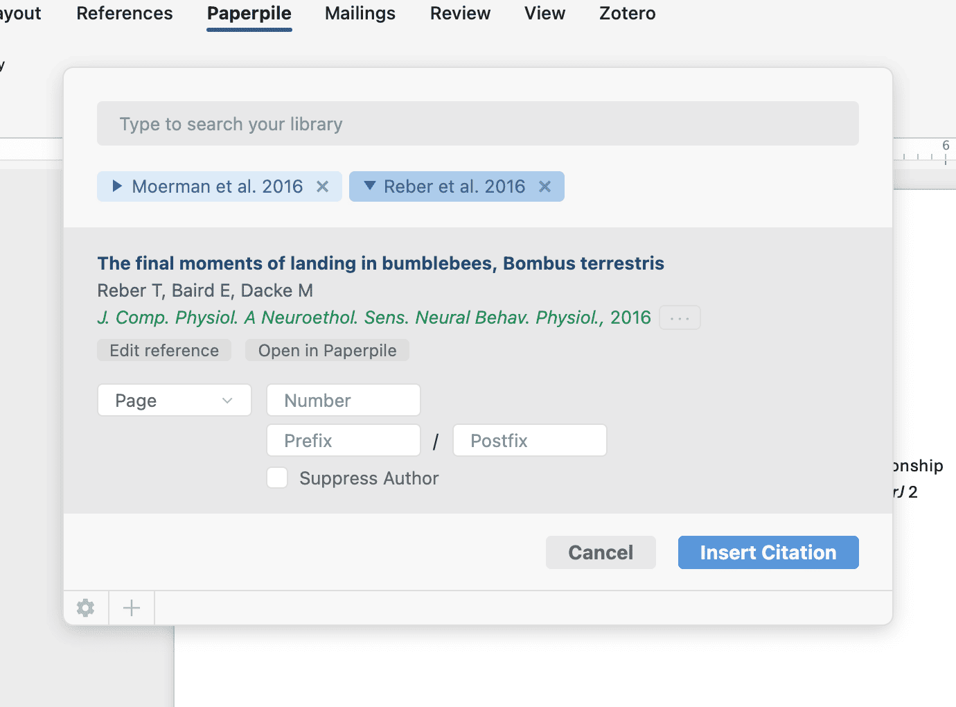 The Word citation box with two reference chips, the second expanded to show its metadata and fields for Page, Number, Prefix and Postfix plus a “Suppress Author” checkbox, above Cancel and Insert Citation.